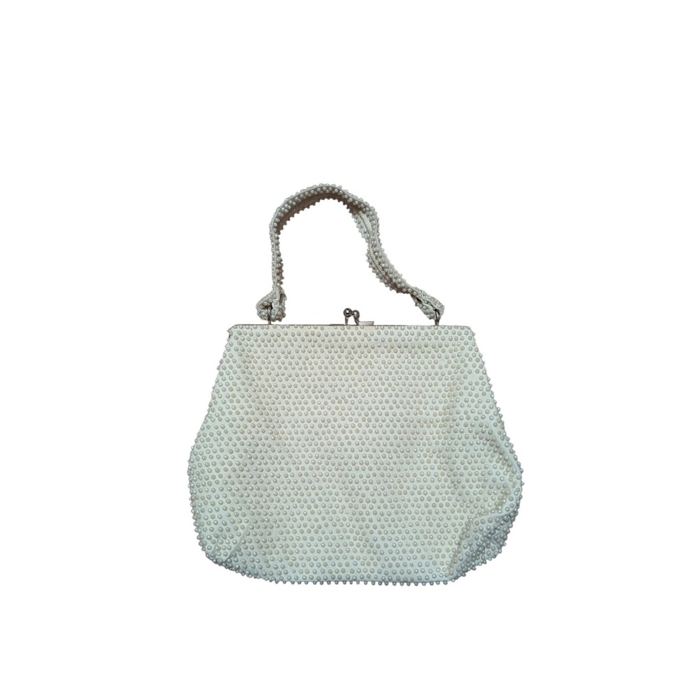 Vintage Cream Faux Pearl Beaded Handbag Kiss Lock Bridal Evening Bag